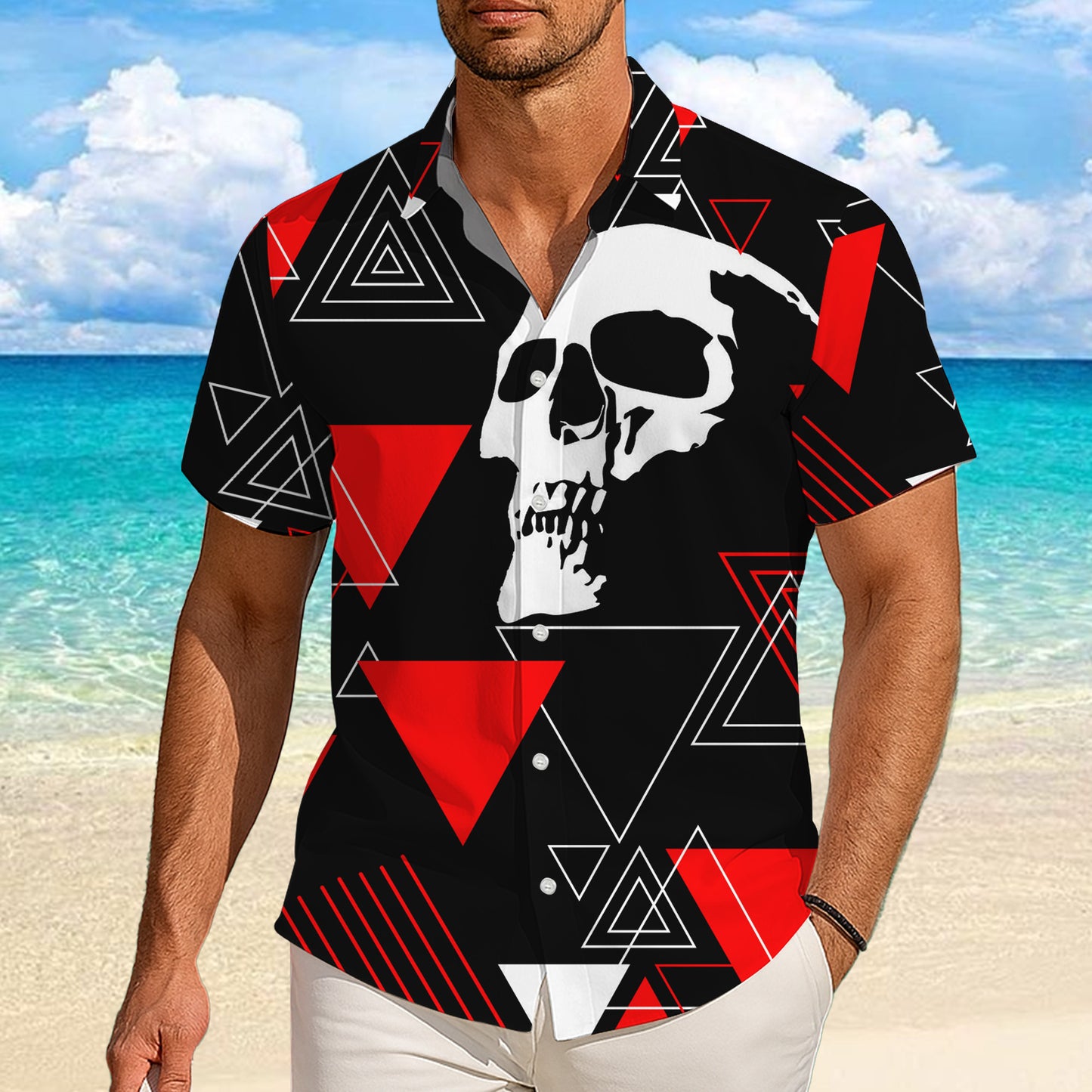 Geometric Skull Red Black Hawaiian Shirt for Men & Women Edgy Aloha