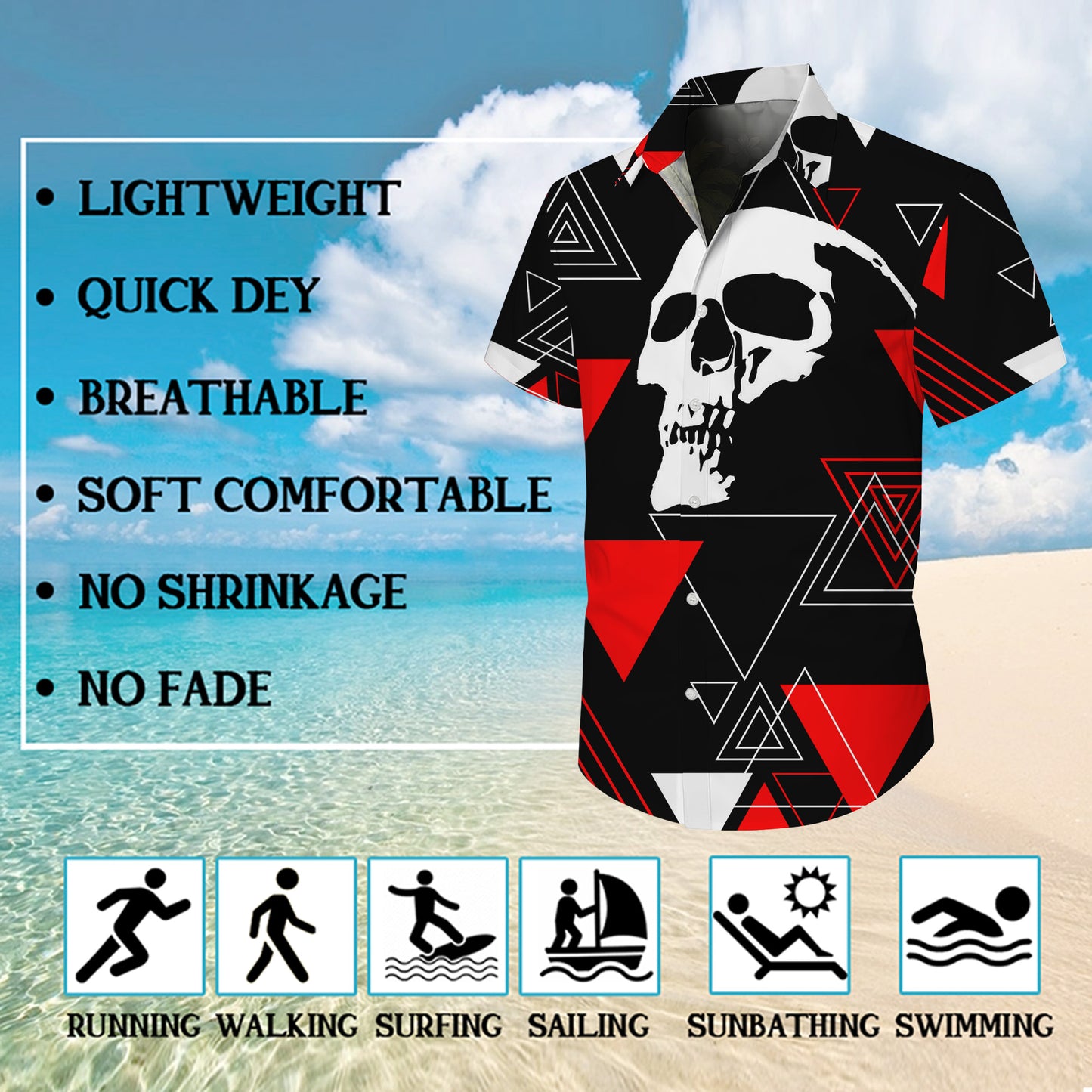 Geometric Skull Red Black Hawaiian Shirt for Men & Women Edgy Aloha