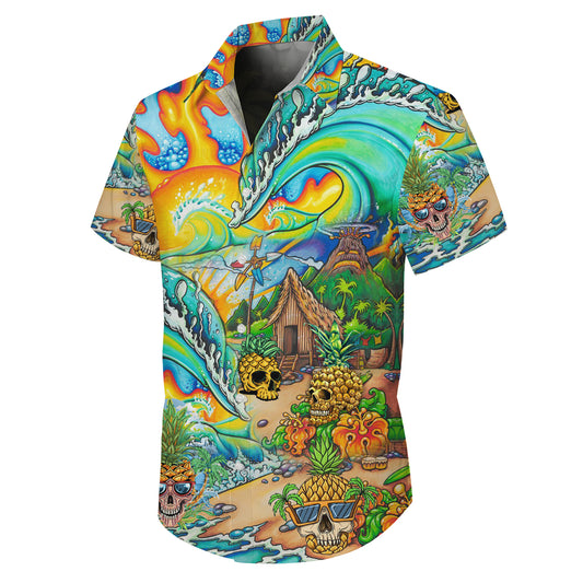 Psychedelic Pineapple Skull Surf Hawaiian Shirt for Men & Women Aloha