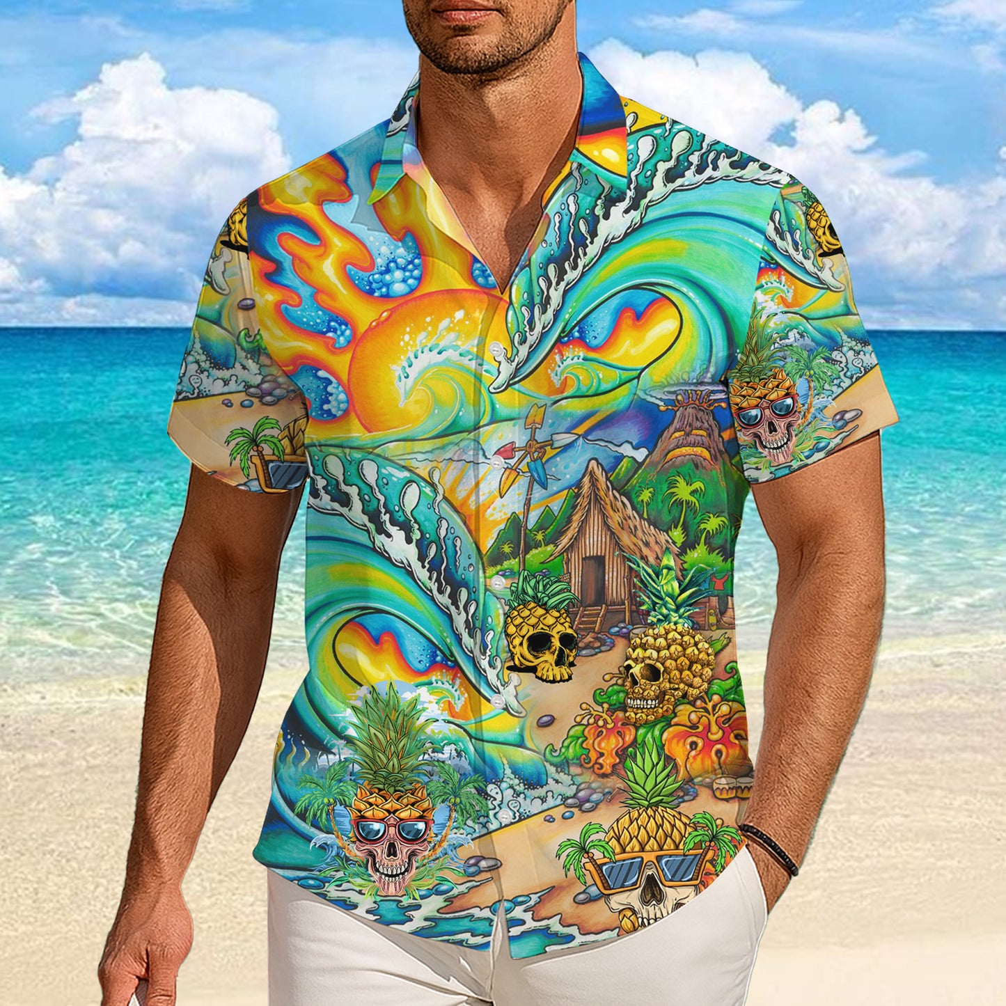 Psychedelic Pineapple Skull Surf Hawaiian Shirt for Men & Women Aloha