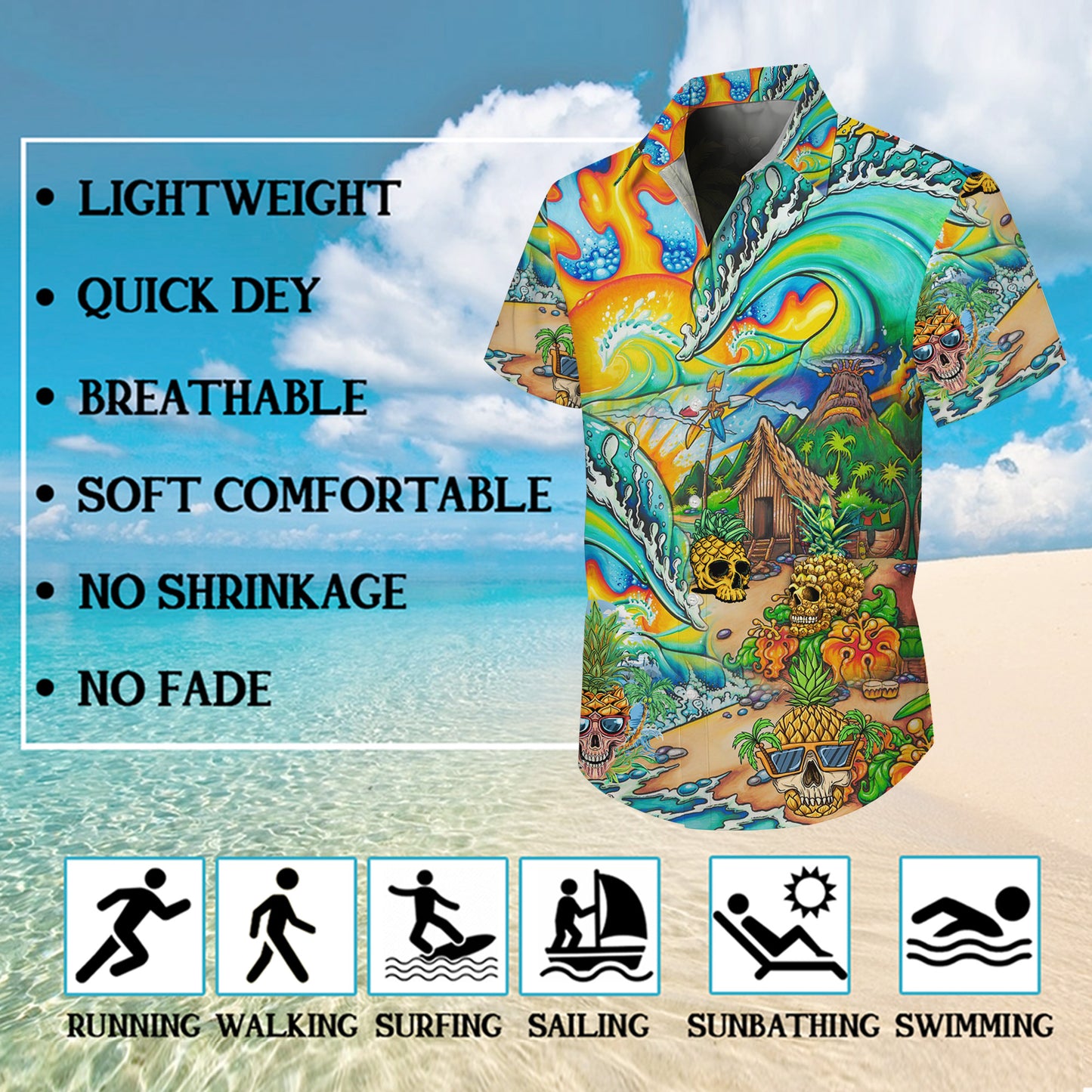 Psychedelic Pineapple Skull Surf Hawaiian Shirt for Men & Women Aloha