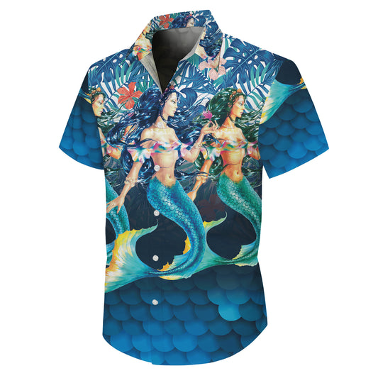 Mermaid Scale Tropical Floral Hawaiian Shirt for Men & Women Blue Aloha