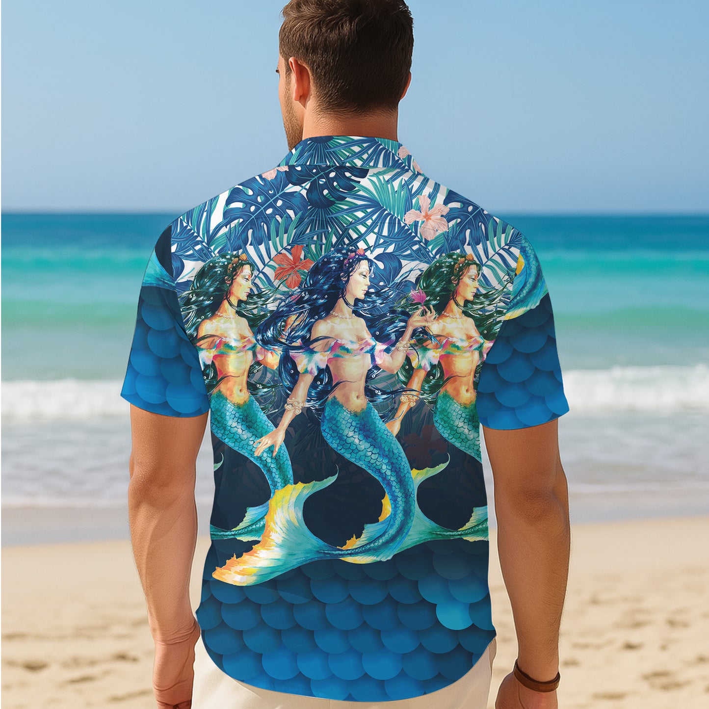 Mermaid Scale Tropical Floral Hawaiian Shirt for Men & Women Blue Aloha