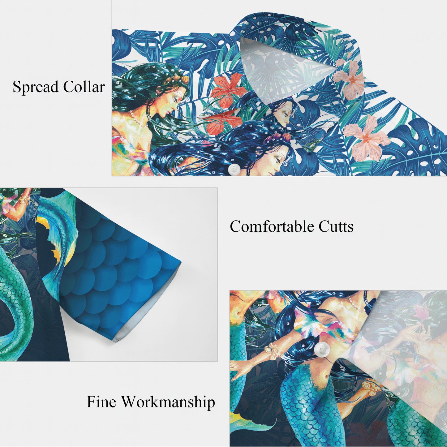 Mermaid Scale Tropical Floral Hawaiian Shirt for Men & Women Blue Aloha