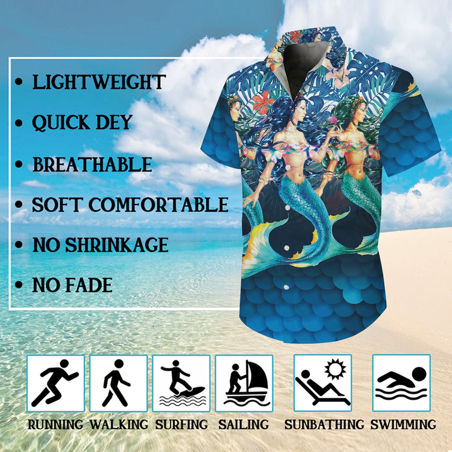 Mermaid Scale Tropical Floral Hawaiian Shirt for Men & Women Blue Aloha