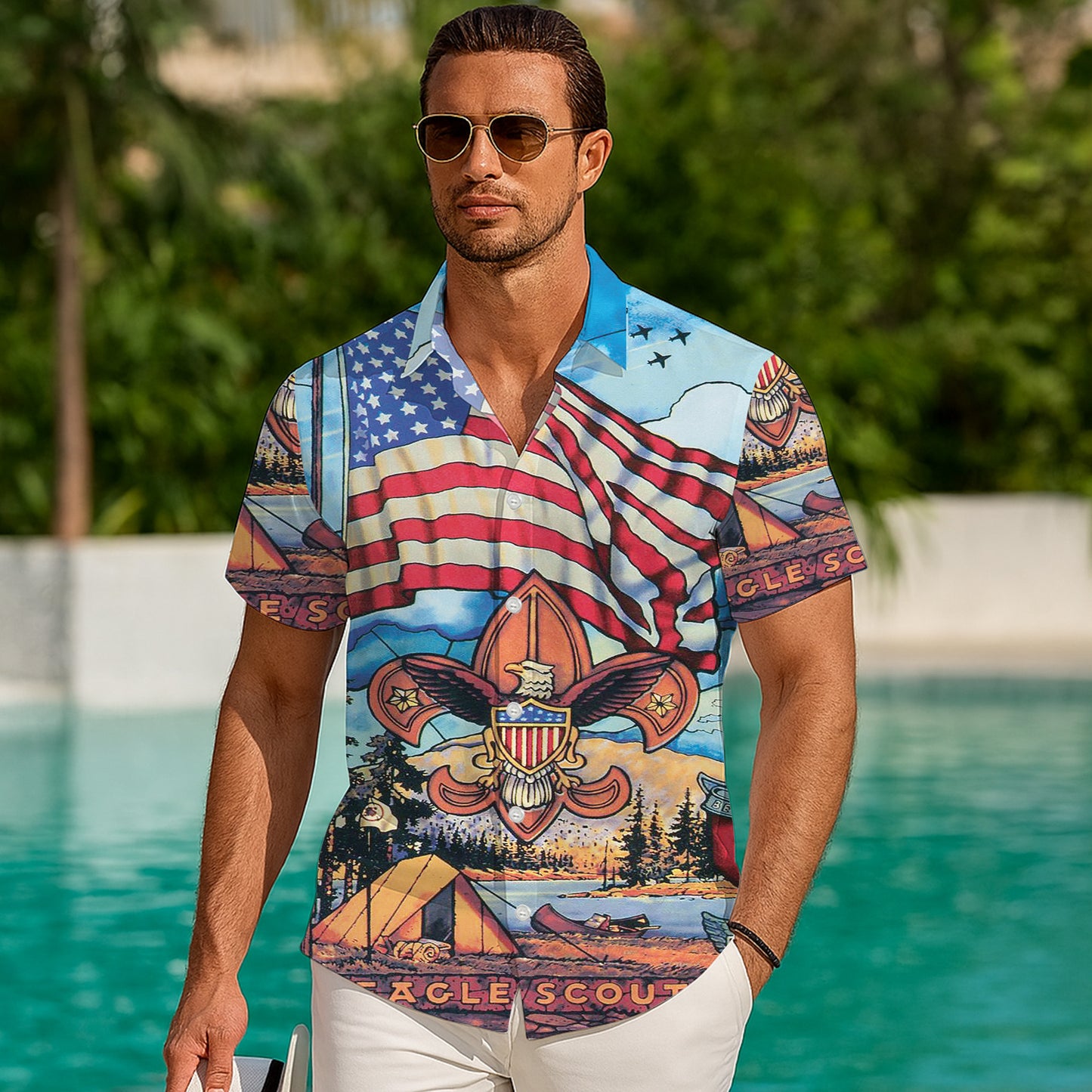 Eagle Scout American Flag Camping Hawaiian Shirt for Men & Women Aloha