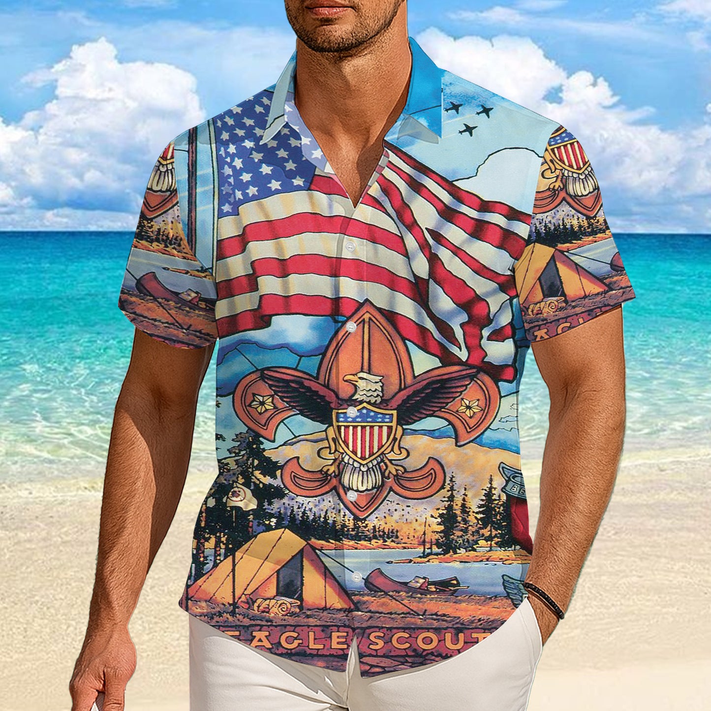 Eagle Scout American Flag Camping Hawaiian Shirt for Men & Women Aloha