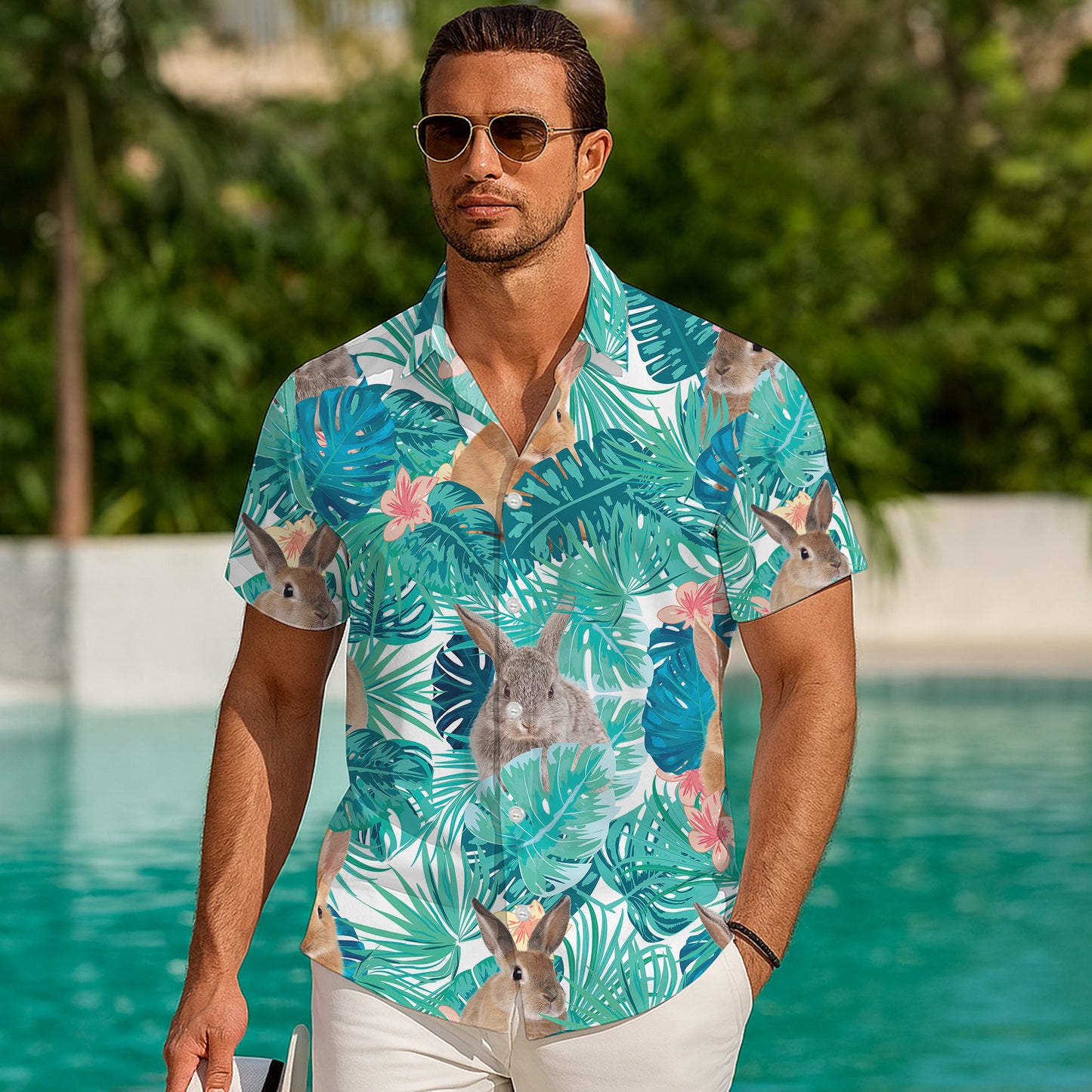 Cute Bunny Rabbit Tropical Palm Leaf Hawaiian Shirt for Men & Women Aloha