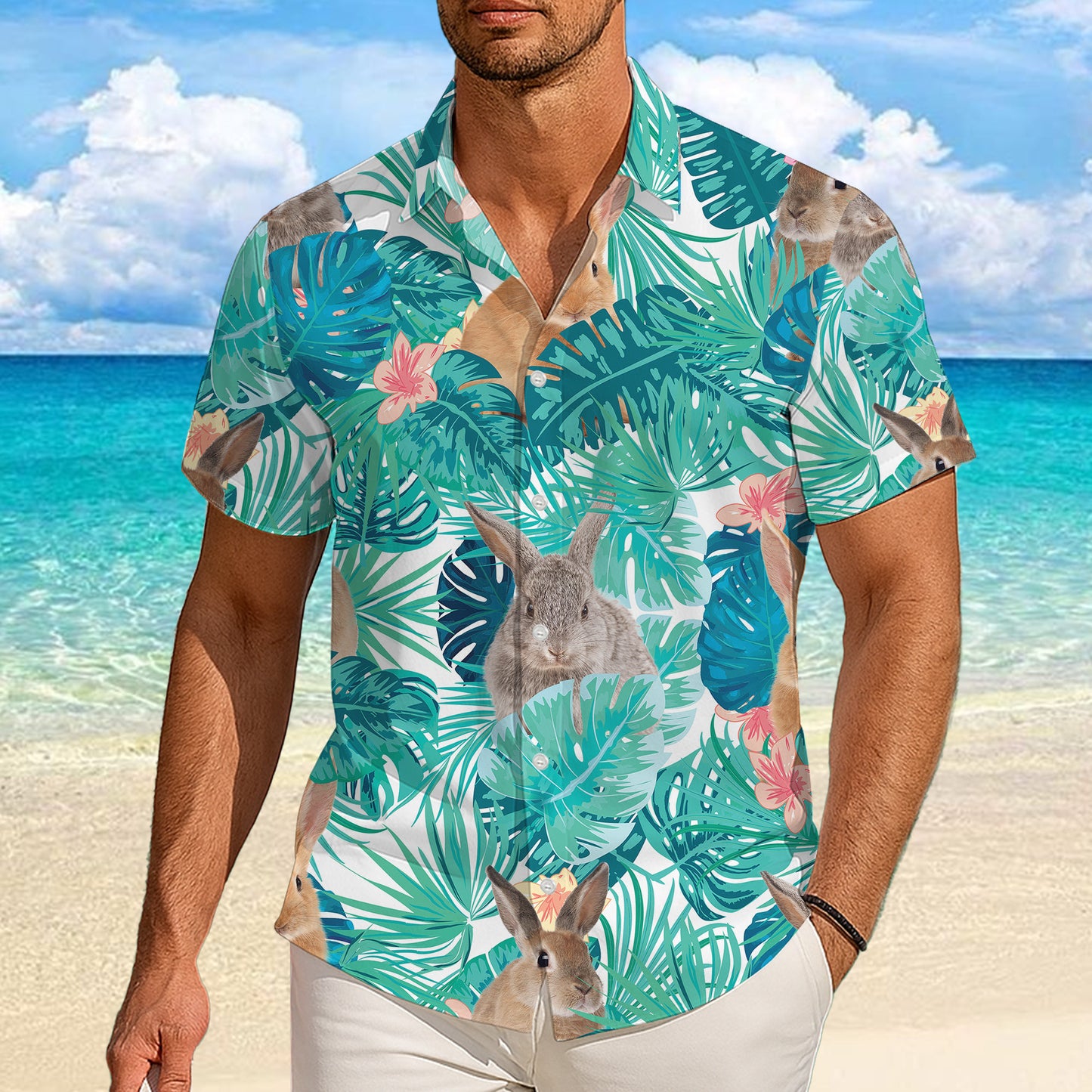 Cute Bunny Rabbit Tropical Palm Leaf Hawaiian Shirt for Men & Women Aloha