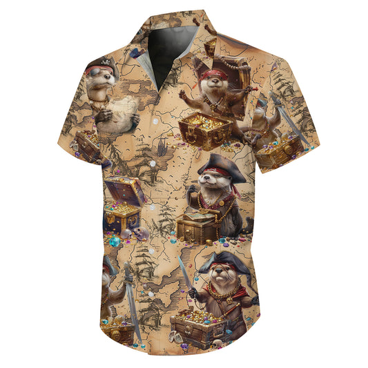 Pirate Otter Treasure Map Hawaiian Shirt for Men & Women Vintage Aloha