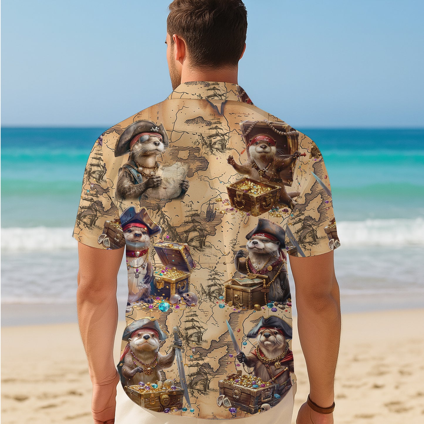 Pirate Otter Treasure Map Hawaiian Shirt for Men & Women Vintage Aloha
