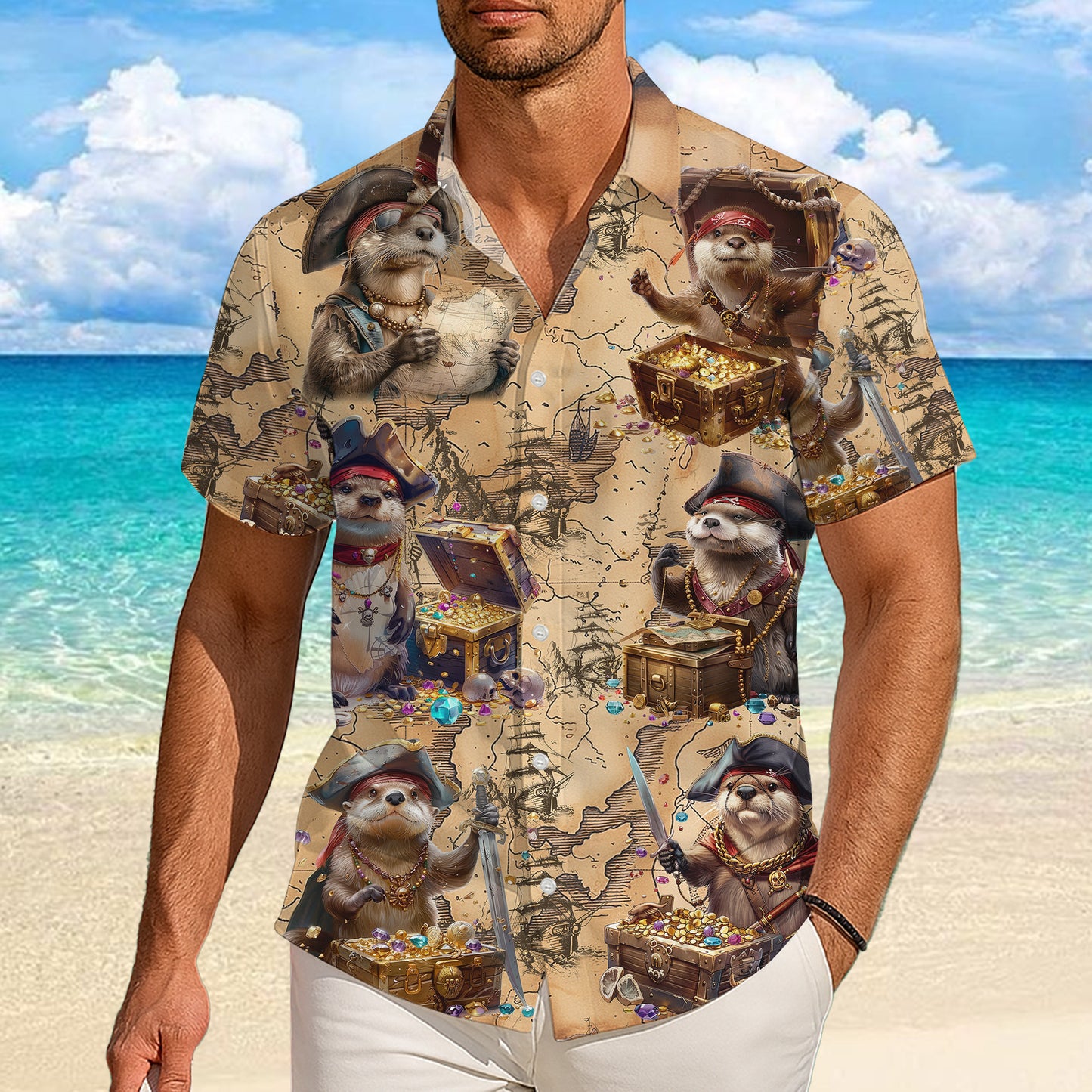 Otter Hawaiian Shirt, Otter Button Up Shirt for Men, Tropical Short Sleeve Beach Vacation Summer Casual Shirt - 008