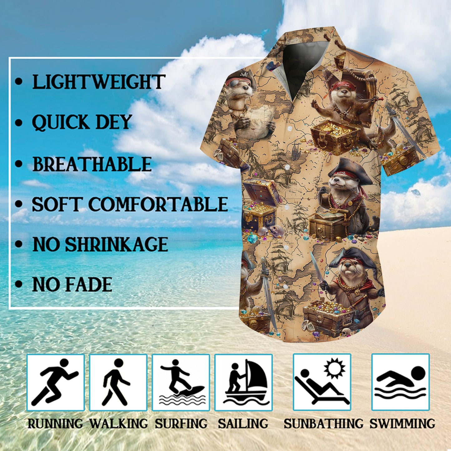 Pirate Otter Treasure Map Hawaiian Shirt for Men & Women Vintage Aloha
