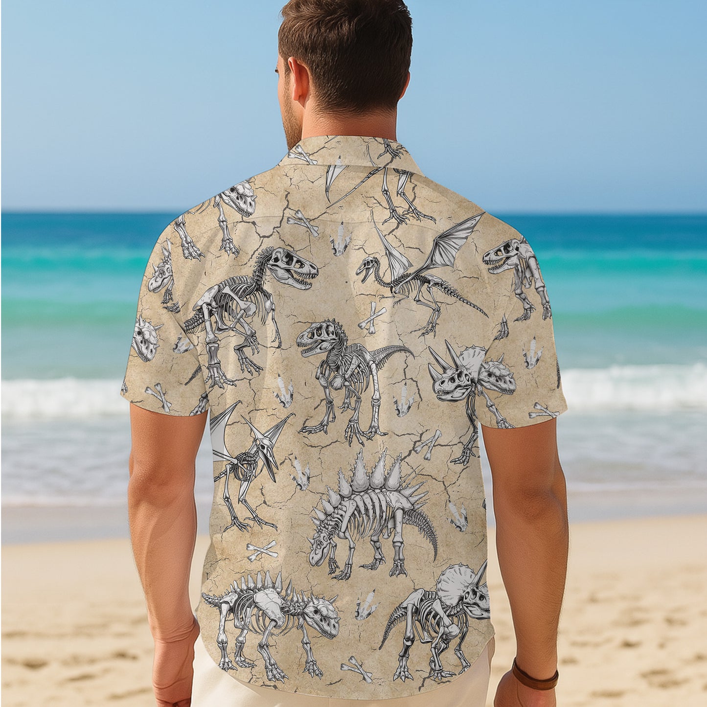 Dinosau Hawaiian Shirt, Dino Button Up Shirt for Men, T-Rex Tropical Short Sleeve Beach Vacation Summer Casual Shirt - 007