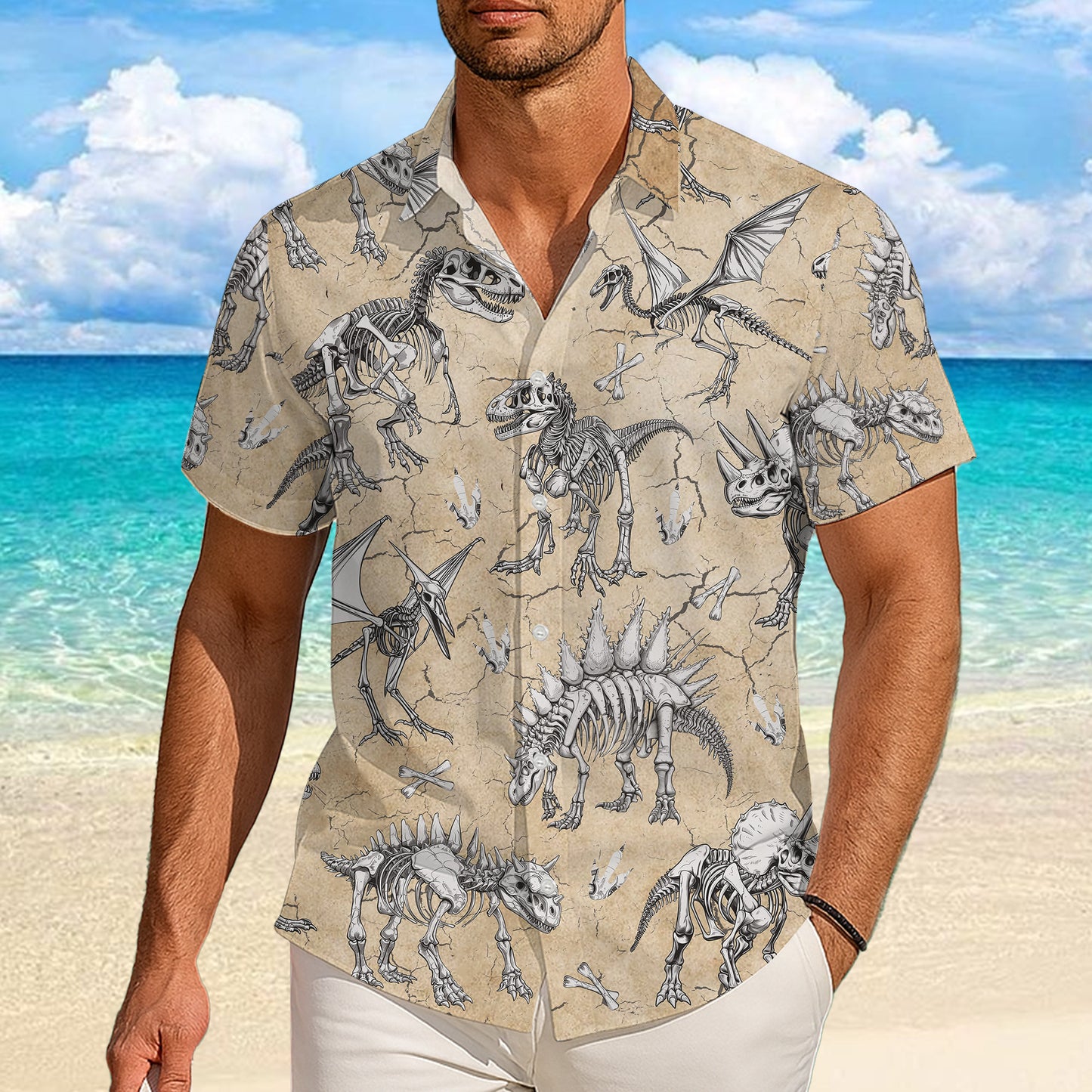 Dinosau Hawaiian Shirt, Dino Button Up Shirt for Men, T-Rex Tropical Short Sleeve Beach Vacation Summer Casual Shirt - 007