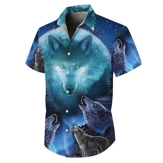 Blue Wolf Howling Moon Hawaiian Shirt for Men & Women Wild Animal Aloha