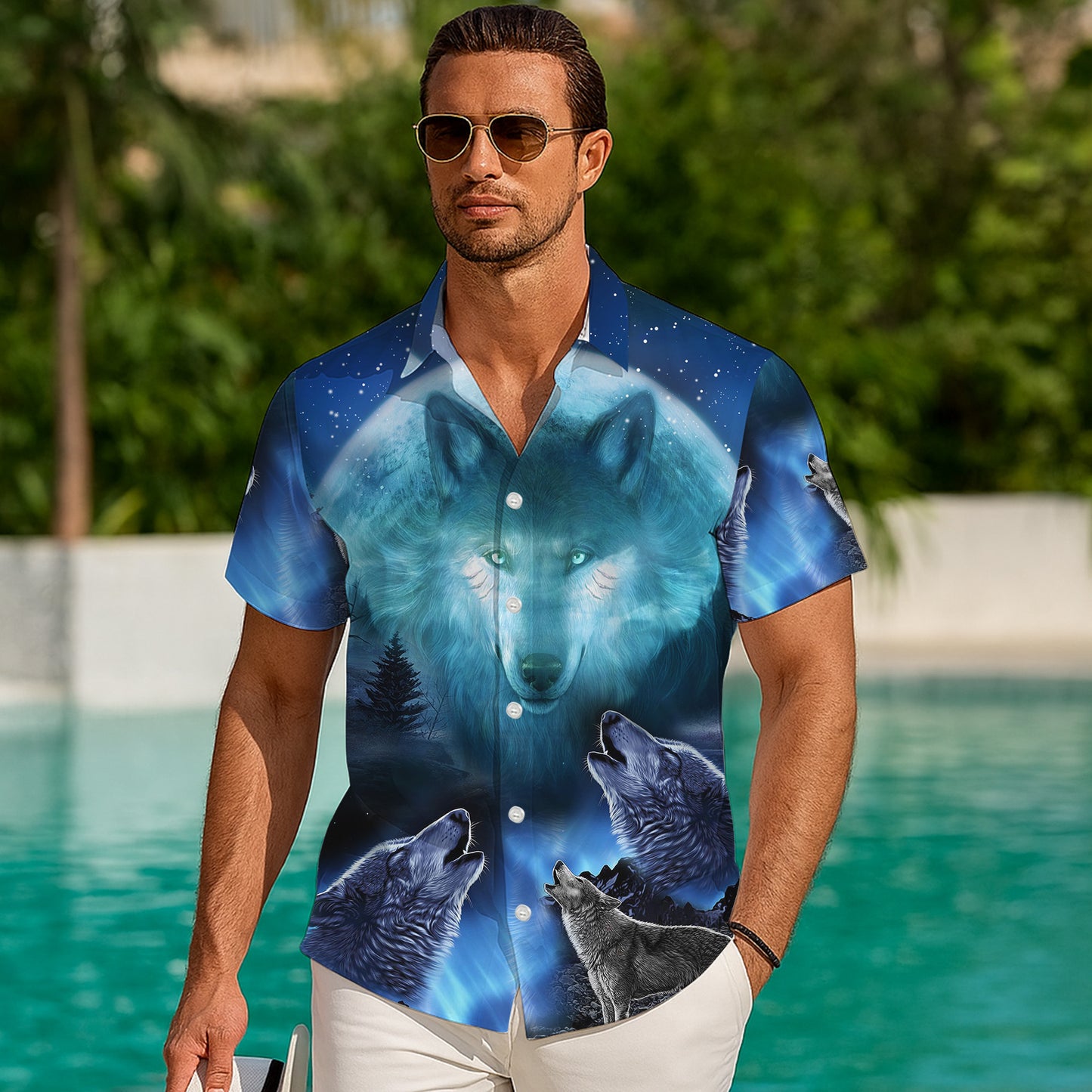 Blue Wolf Howling Moon Hawaiian Shirt for Men & Women Wild Animal Aloha