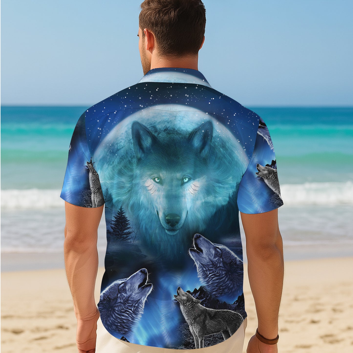 Blue Wolf Howling Moon Hawaiian Shirt for Men & Women Wild Animal Aloha