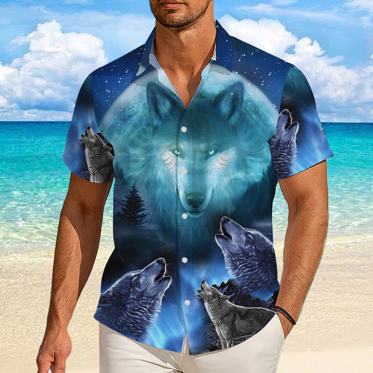 Blue Wolf Howling Moon Hawaiian Shirt for Men & Women Wild Animal Aloha