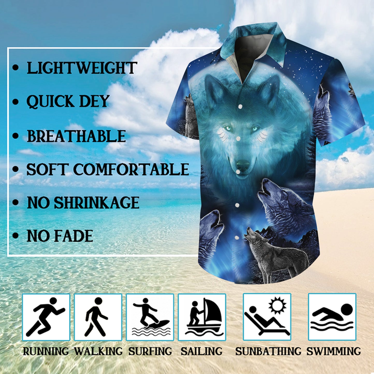 Blue Wolf Howling Moon Hawaiian Shirt for Men & Women Wild Animal Aloha