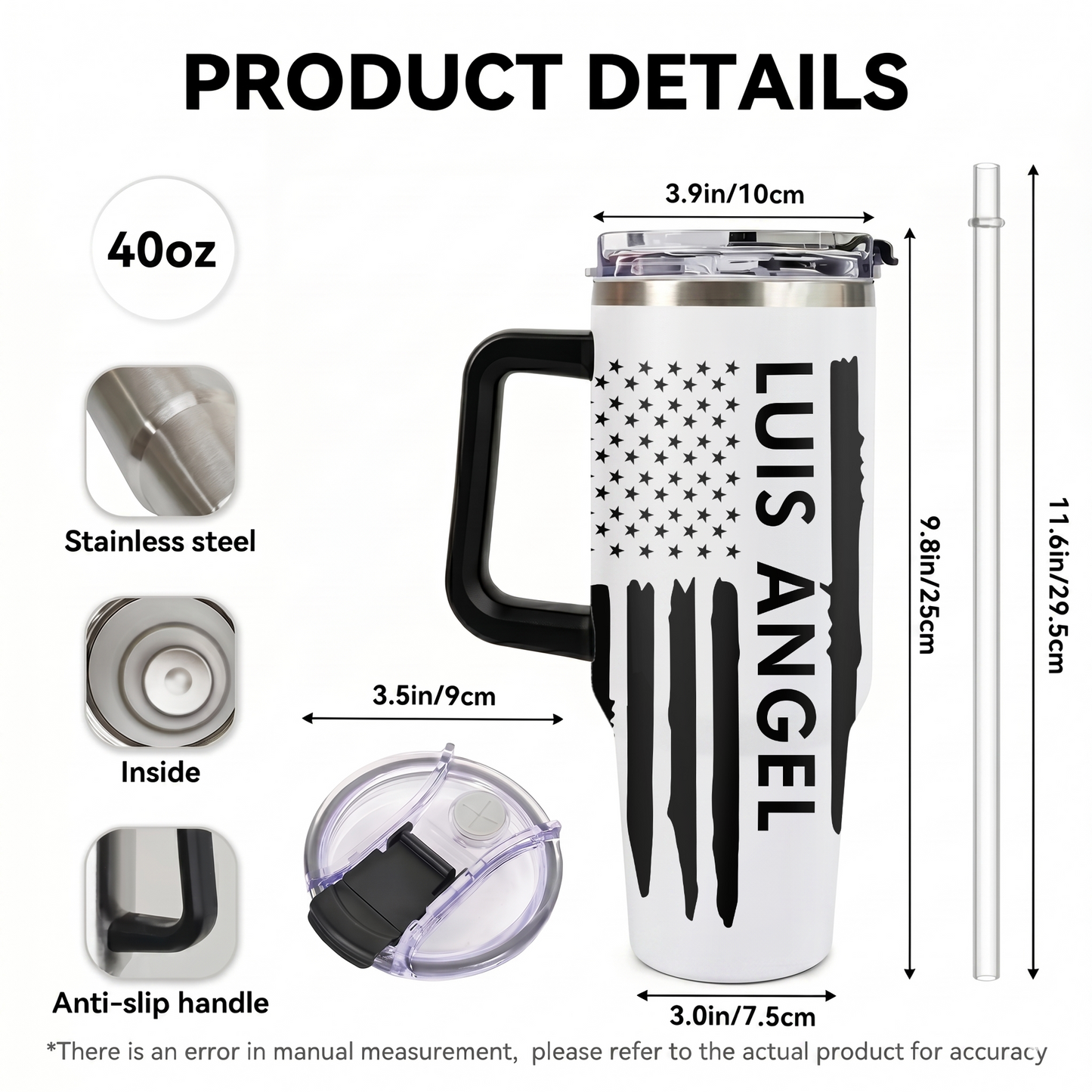Custom Name Tumbler 40oz with Handle, American Flag Eagle Travel Mug, Personalized Double Wall Insulated Cup, Military Veteran Gifts
