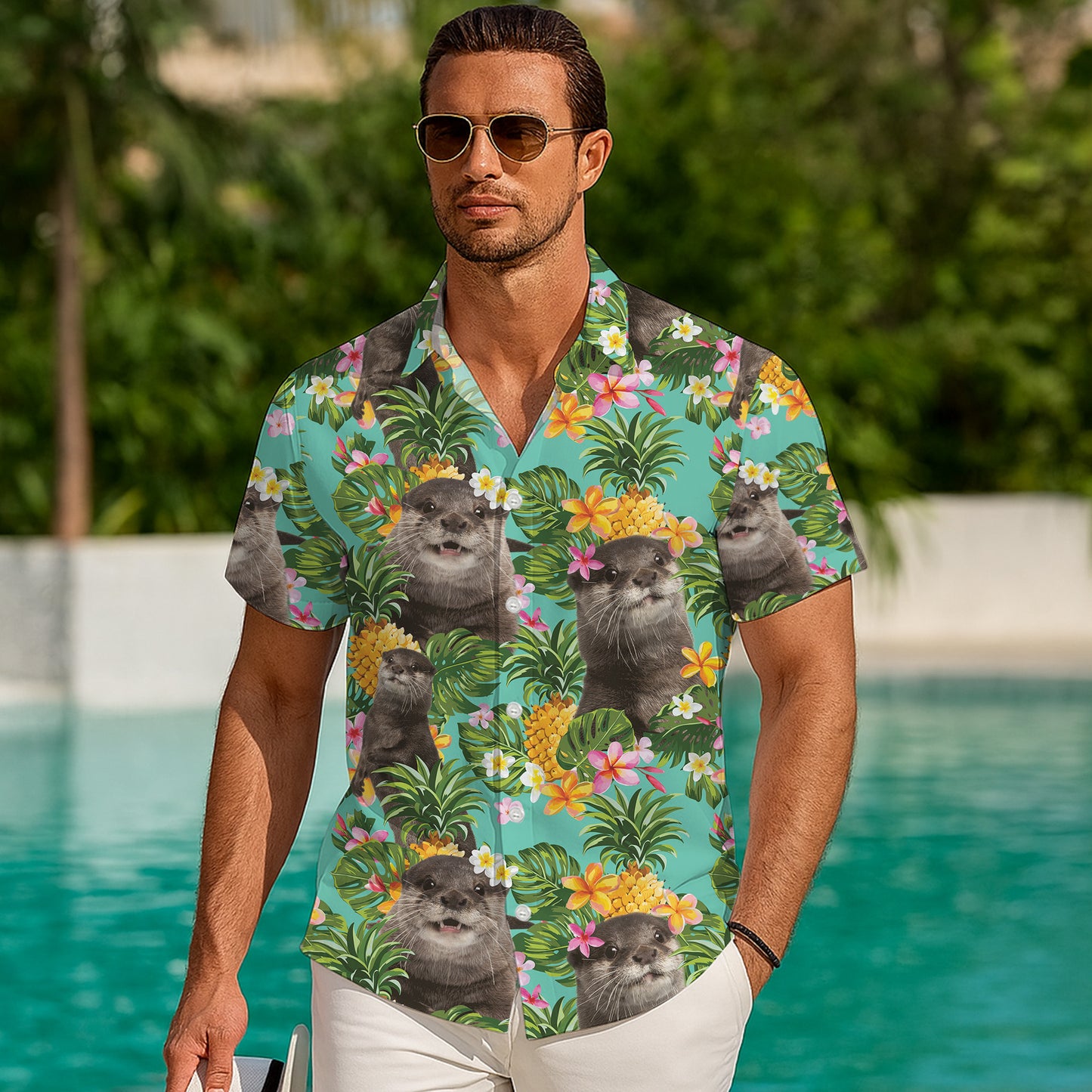 Cute Otter Pineapple Tropical Floral Hawaiian Shirt for Men & Women Aloha