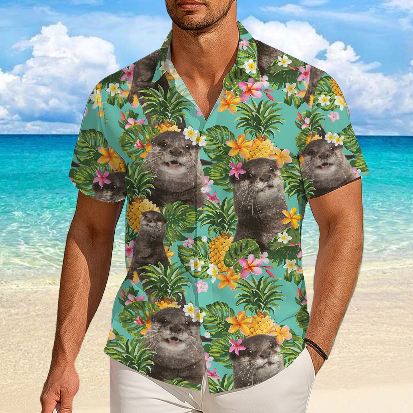 Cute Otter Pineapple Tropical Floral Hawaiian Shirt for Men & Women Aloha