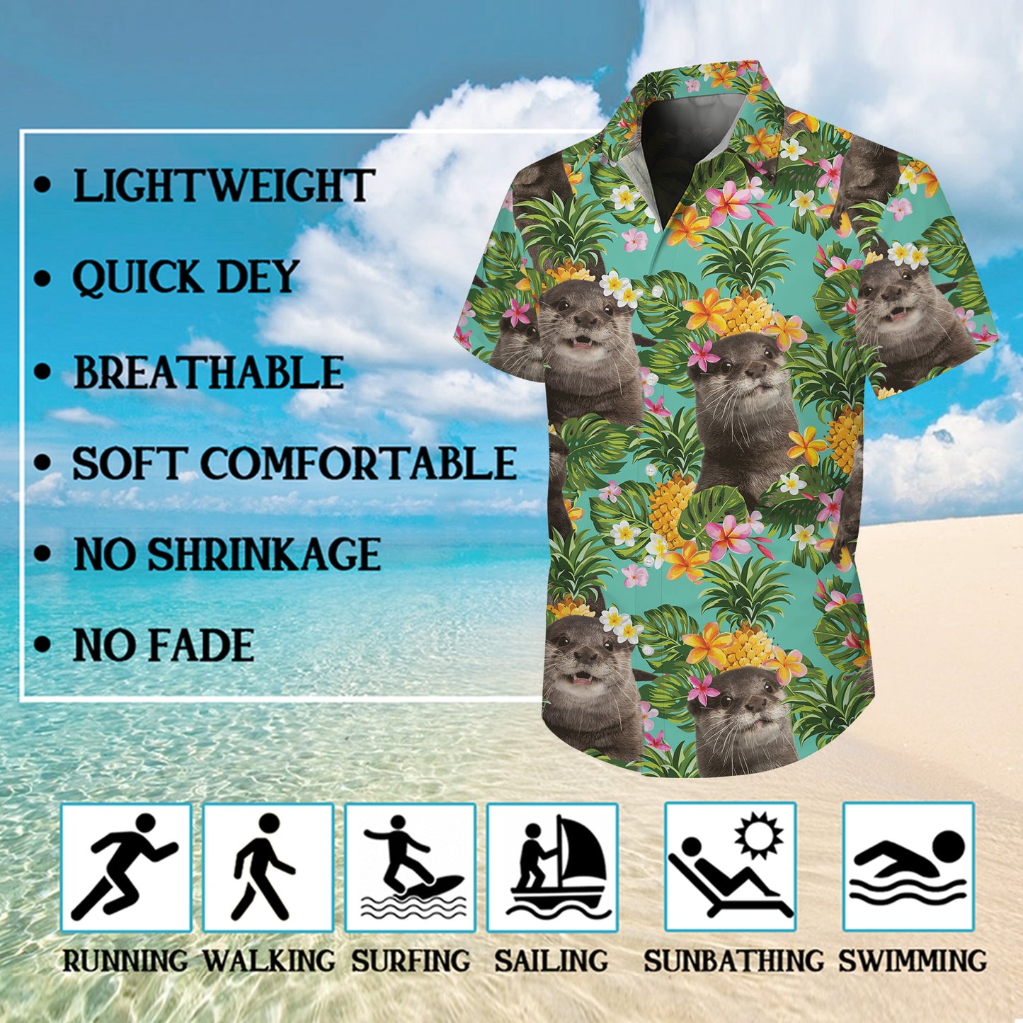 Cute Otter Pineapple Tropical Floral Hawaiian Shirt for Men & Women Aloha