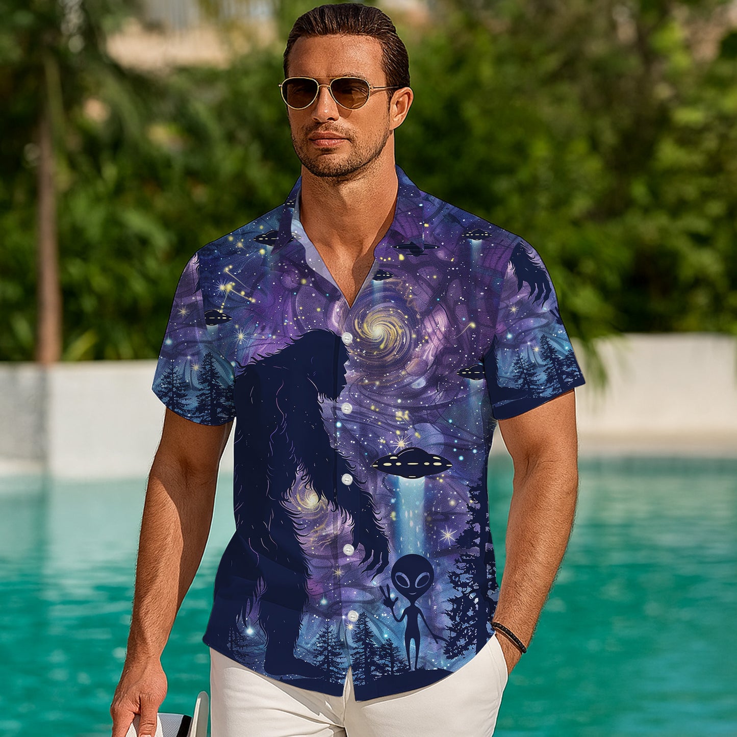Bigfoot Hawaiian Shirt, Sasquatch Button Up Shirt for Men, Tropical Short Sleeve Beach Vacation Summer Casual Shirt - 0010