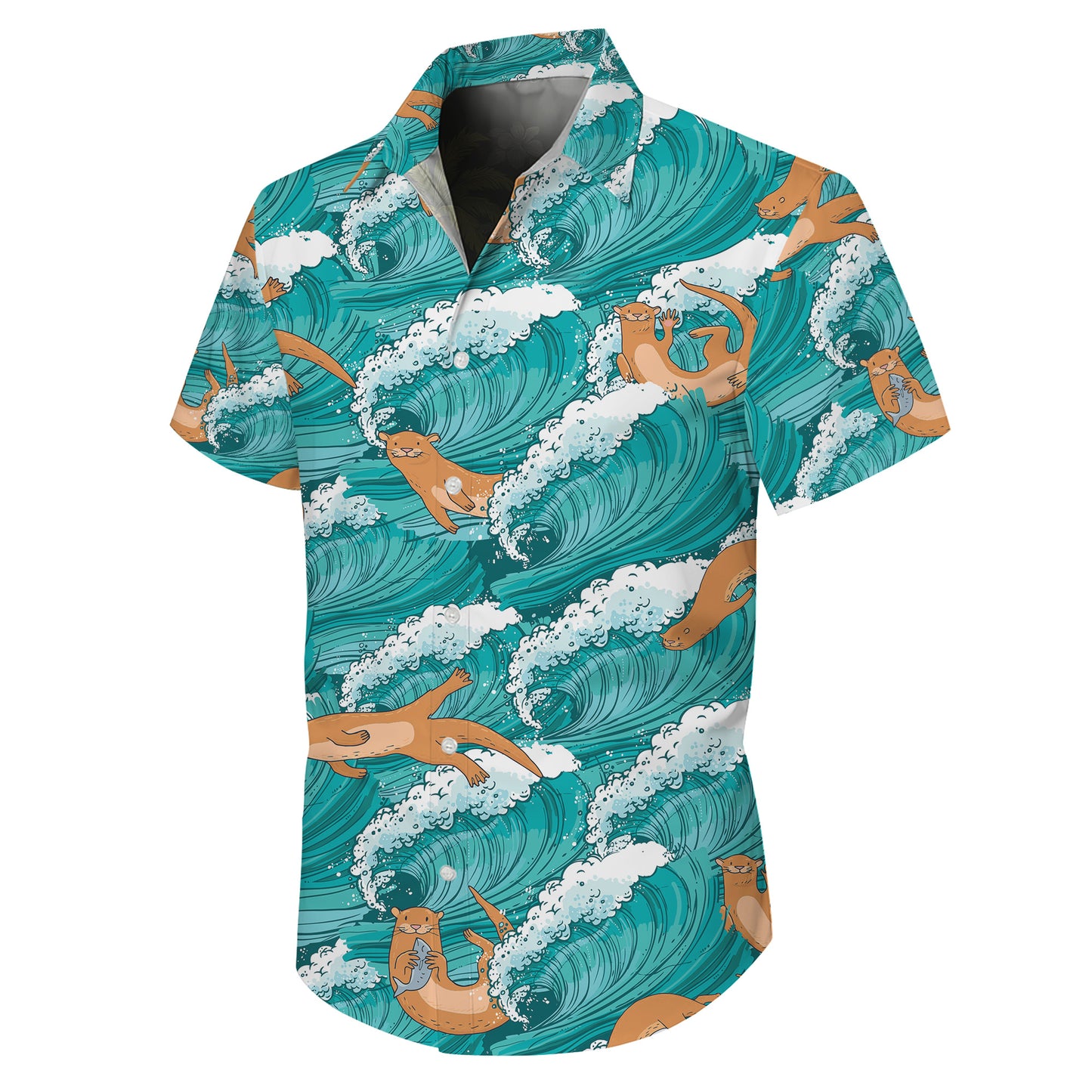 Cute Sea Otter Ocean Waves Hawaiian Shirt for Men & Women Blue Aloha