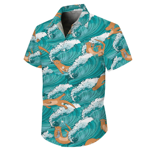 Cute Sea Otter Ocean Waves Hawaiian Shirt for Men & Women Blue Aloha