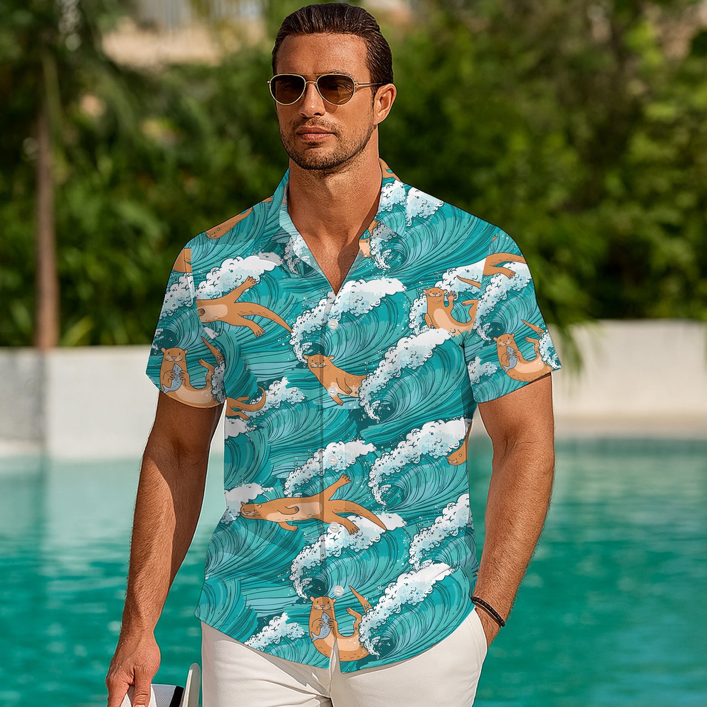 Cute Sea Otter Ocean Waves Hawaiian Shirt for Men & Women Blue Aloha