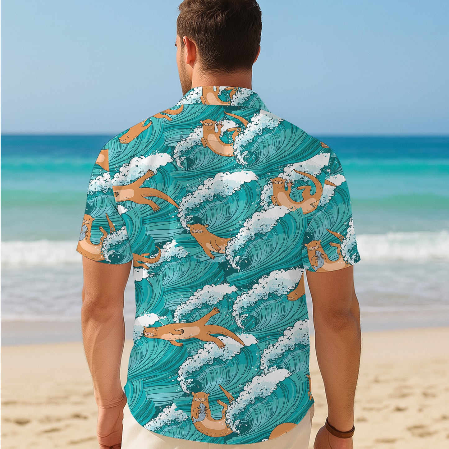 Cute Sea Otter Ocean Waves Hawaiian Shirt for Men & Women Blue Aloha