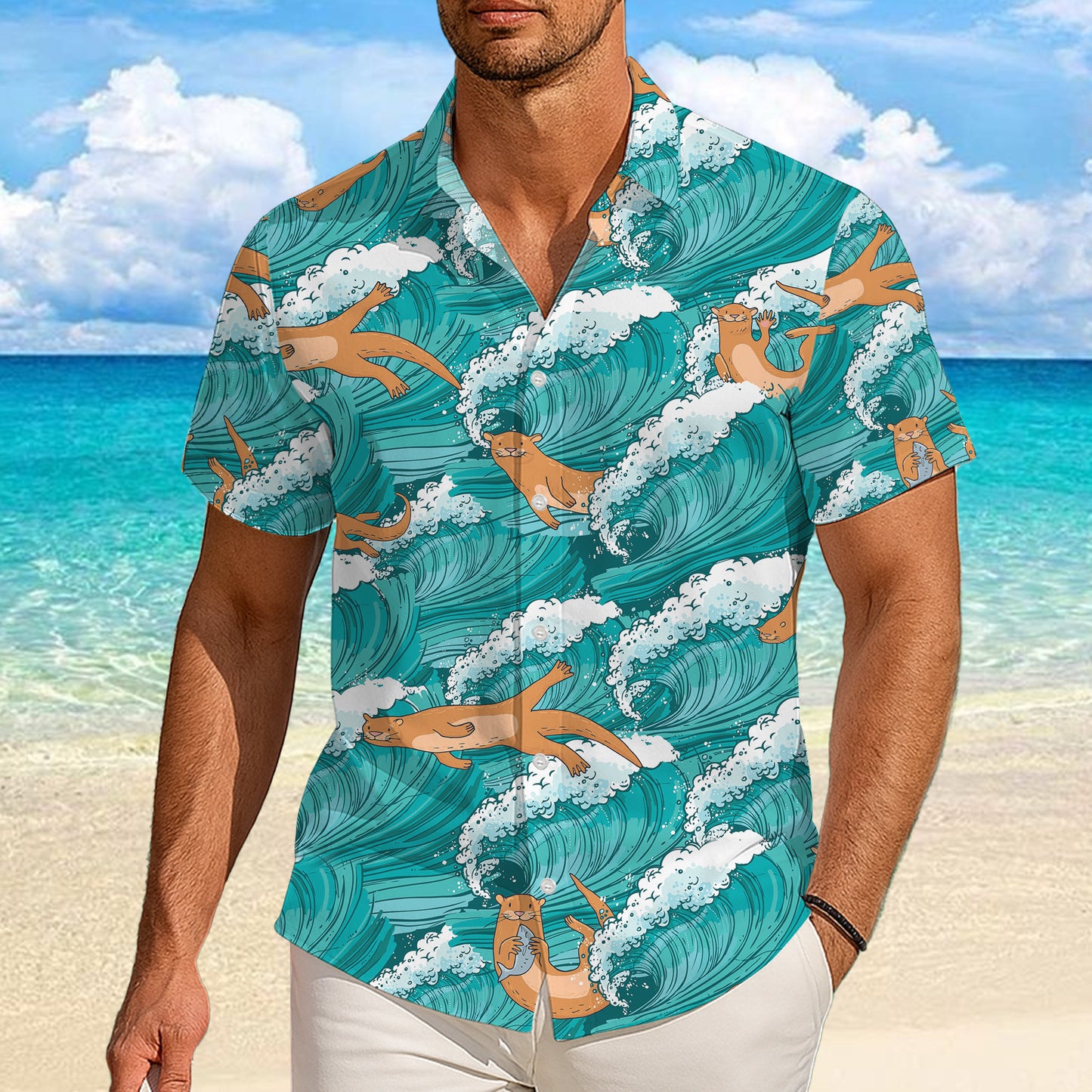 Cute Sea Otter Ocean Waves Hawaiian Shirt for Men & Women Blue Aloha