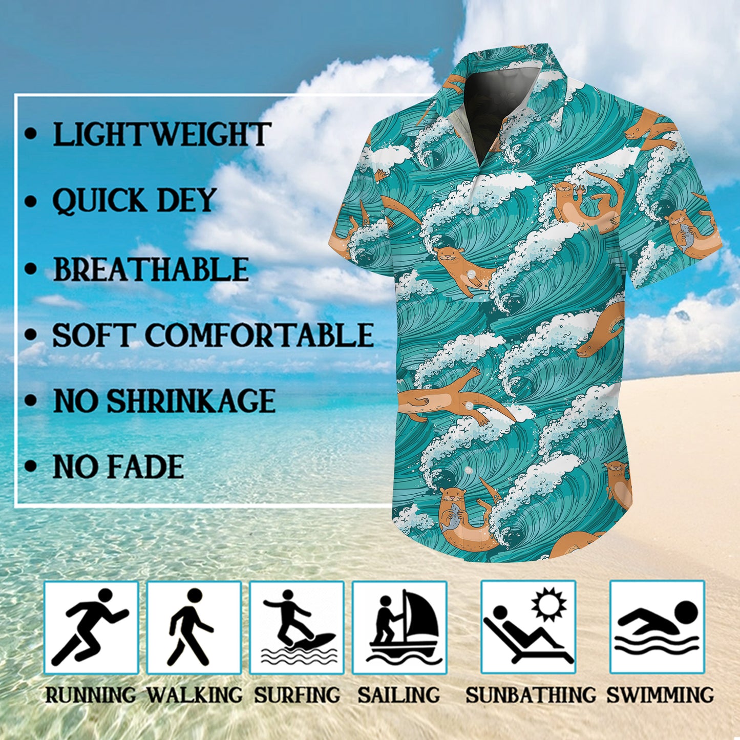 Cute Sea Otter Ocean Waves Hawaiian Shirt for Men & Women Blue Aloha