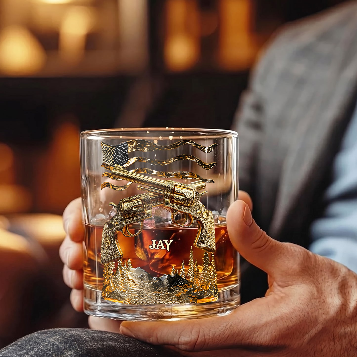 Personalized Crossed Revolvers Whiskey Glass - Custom Patriotic Gift