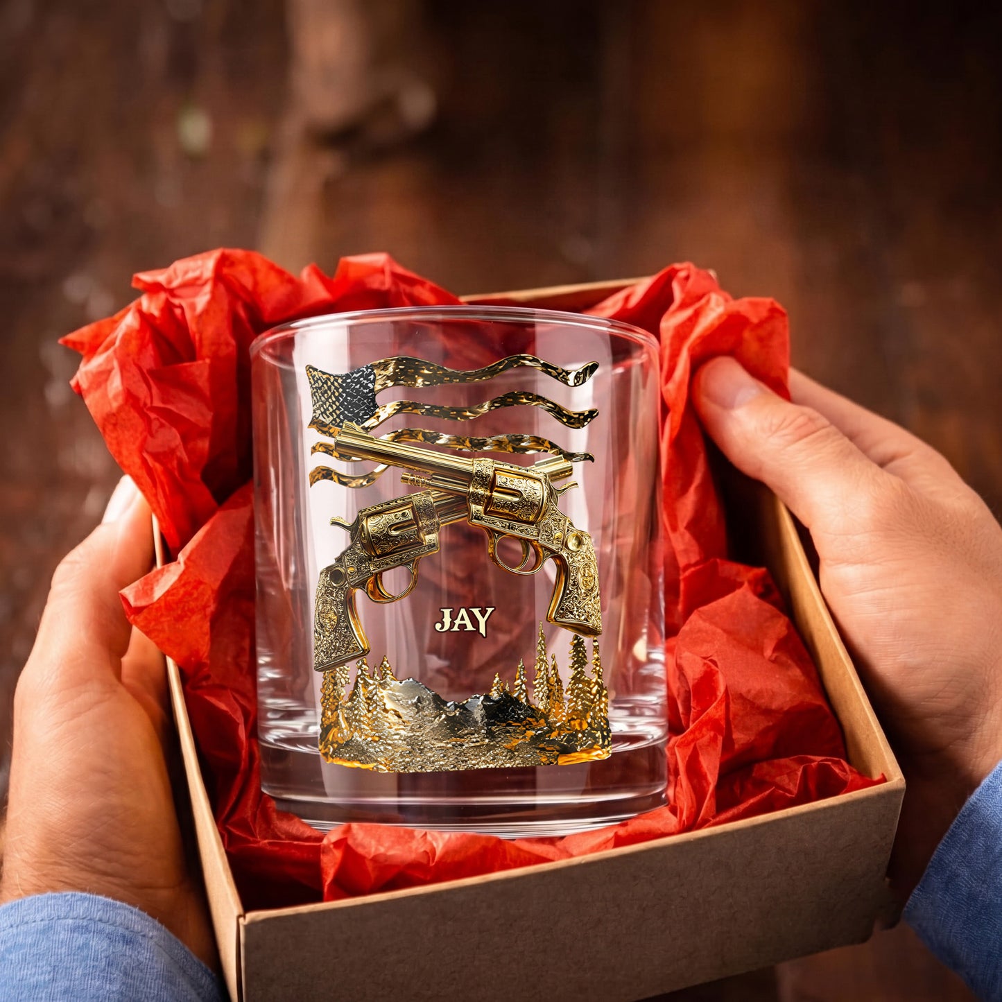 Personalized Crossed Revolvers Whiskey Glass - Custom Patriotic Gift