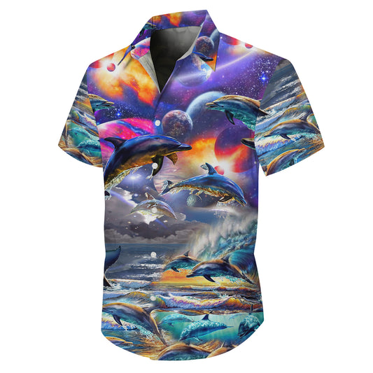 Cosmic Dolphin Galaxy Hawaiian Shirt for Men & Women Space Ocean Aloha