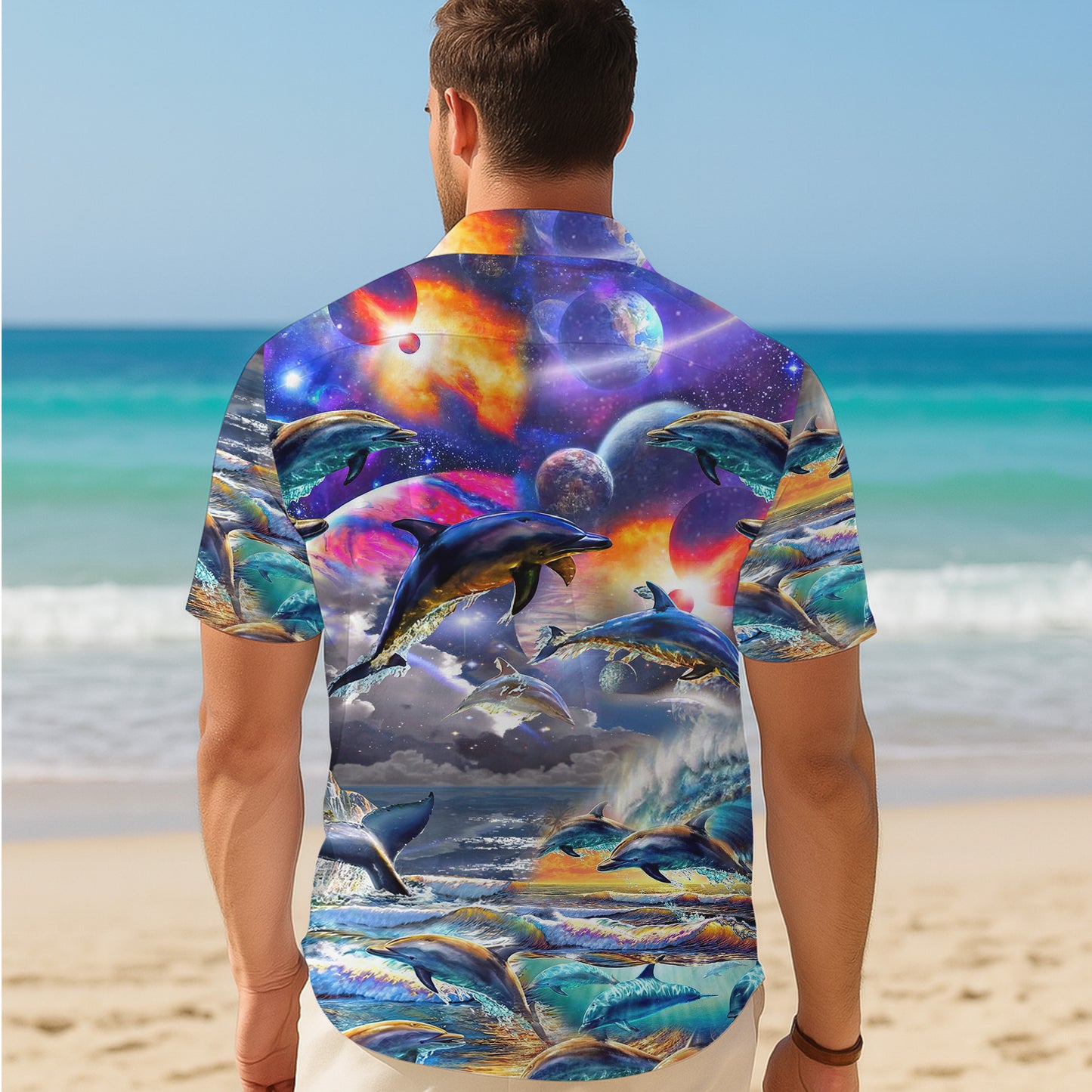 Cosmic Dolphin Galaxy Hawaiian Shirt for Men & Women Space Ocean Aloha