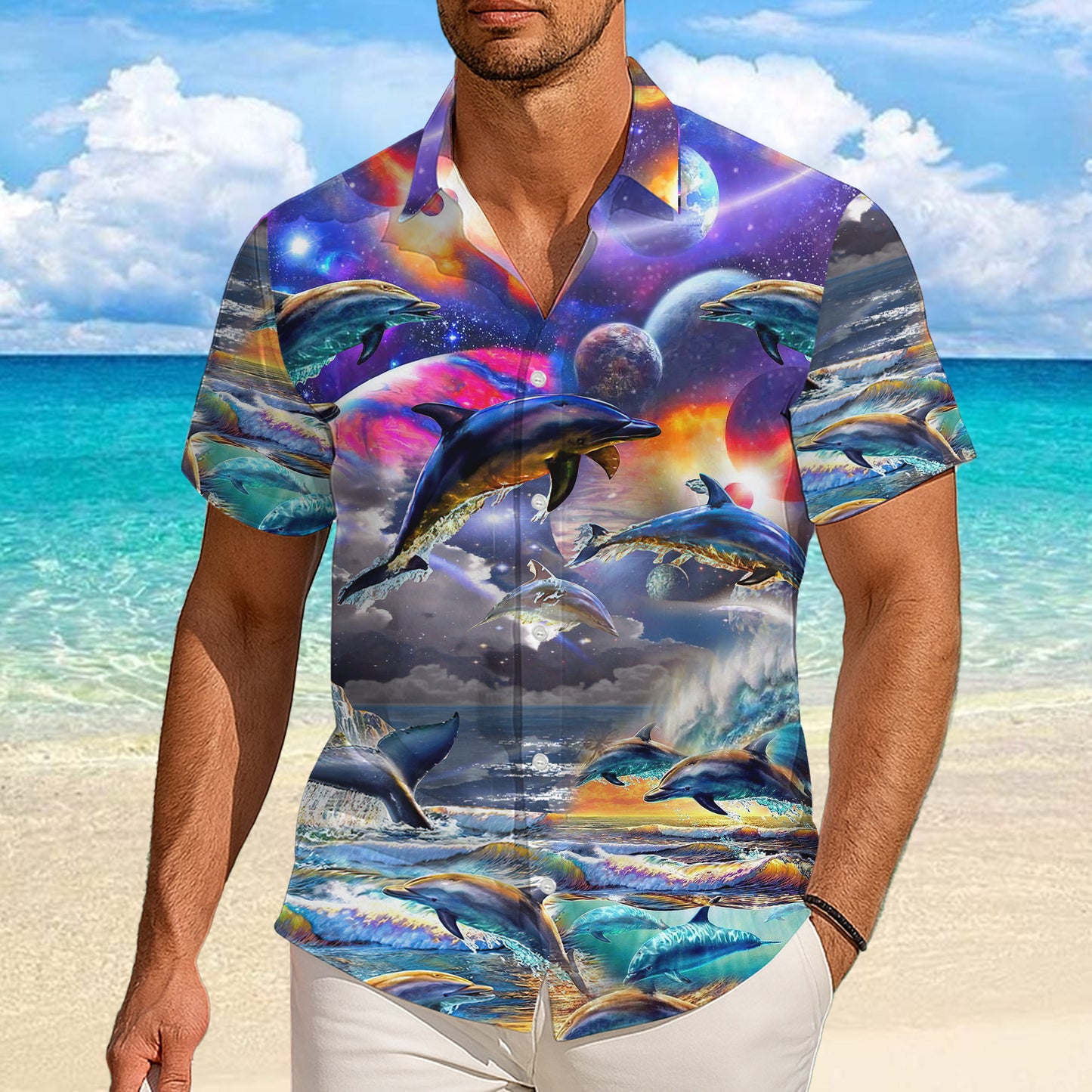 Cosmic Dolphin Galaxy Hawaiian Shirt for Men & Women Space Ocean Aloha