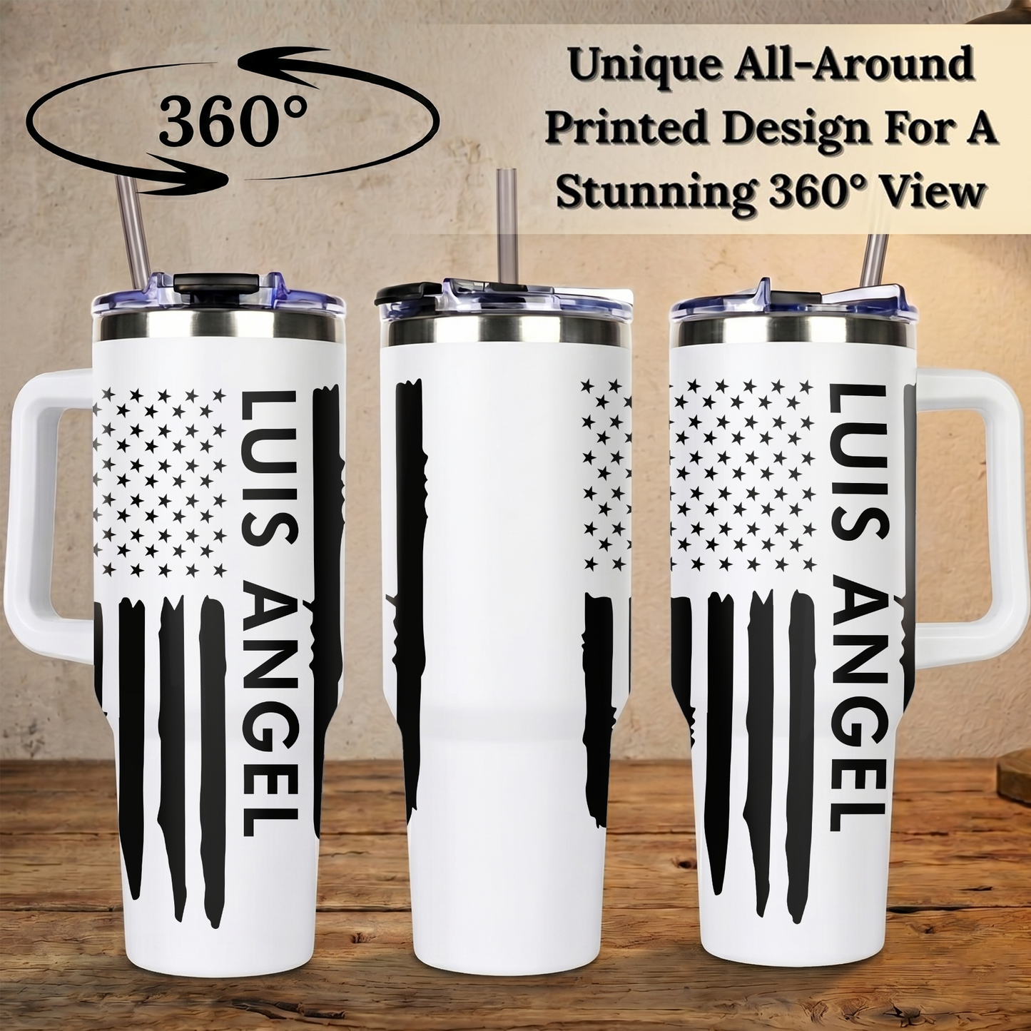 Custom Name Tumbler 40oz with Handle, American Flag Eagle Travel Mug, Personalized Double Wall Insulated Cup, Military Veteran Gifts