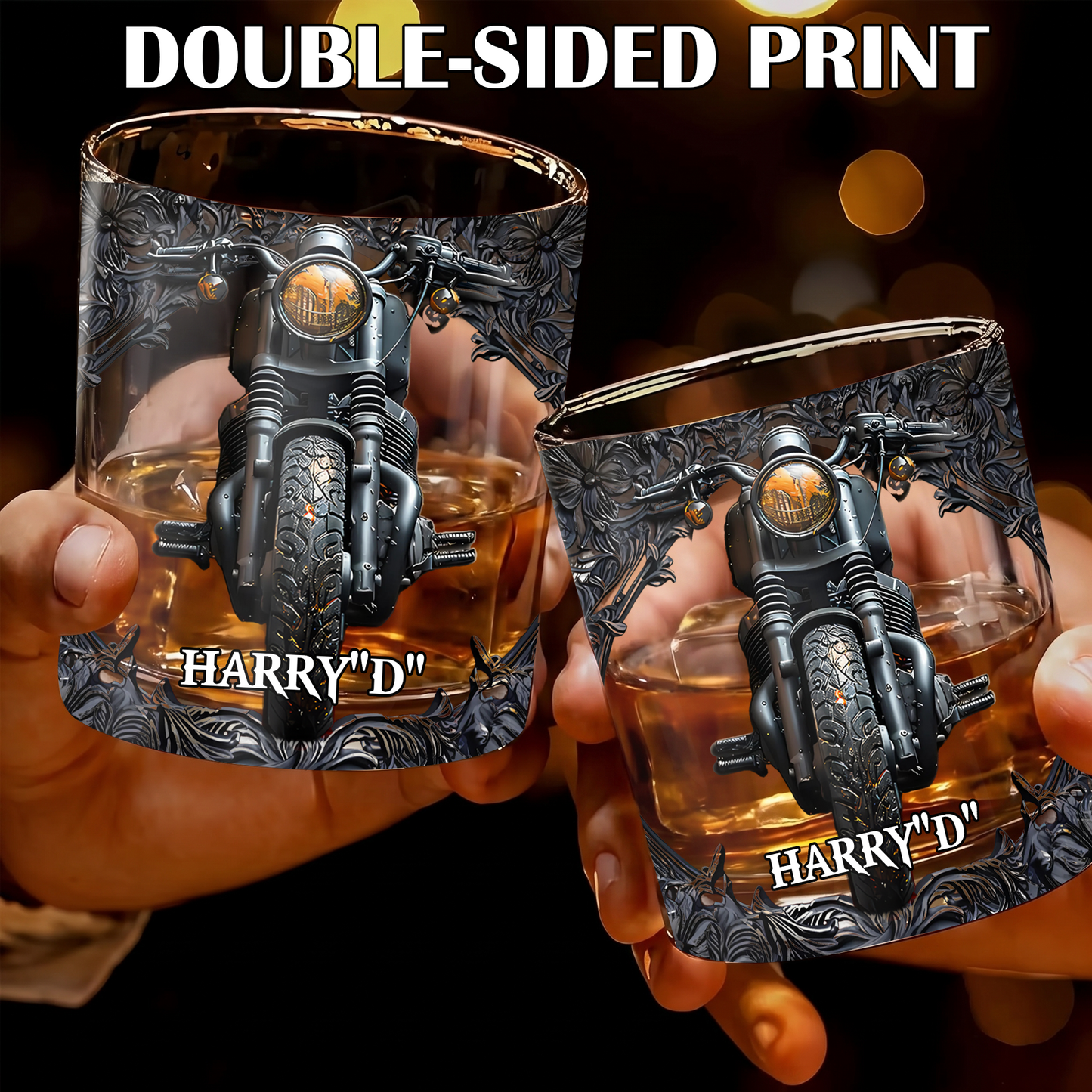 Personalized Motorcycle Biker Whiskey Glass - Custom Name Gothic Design
