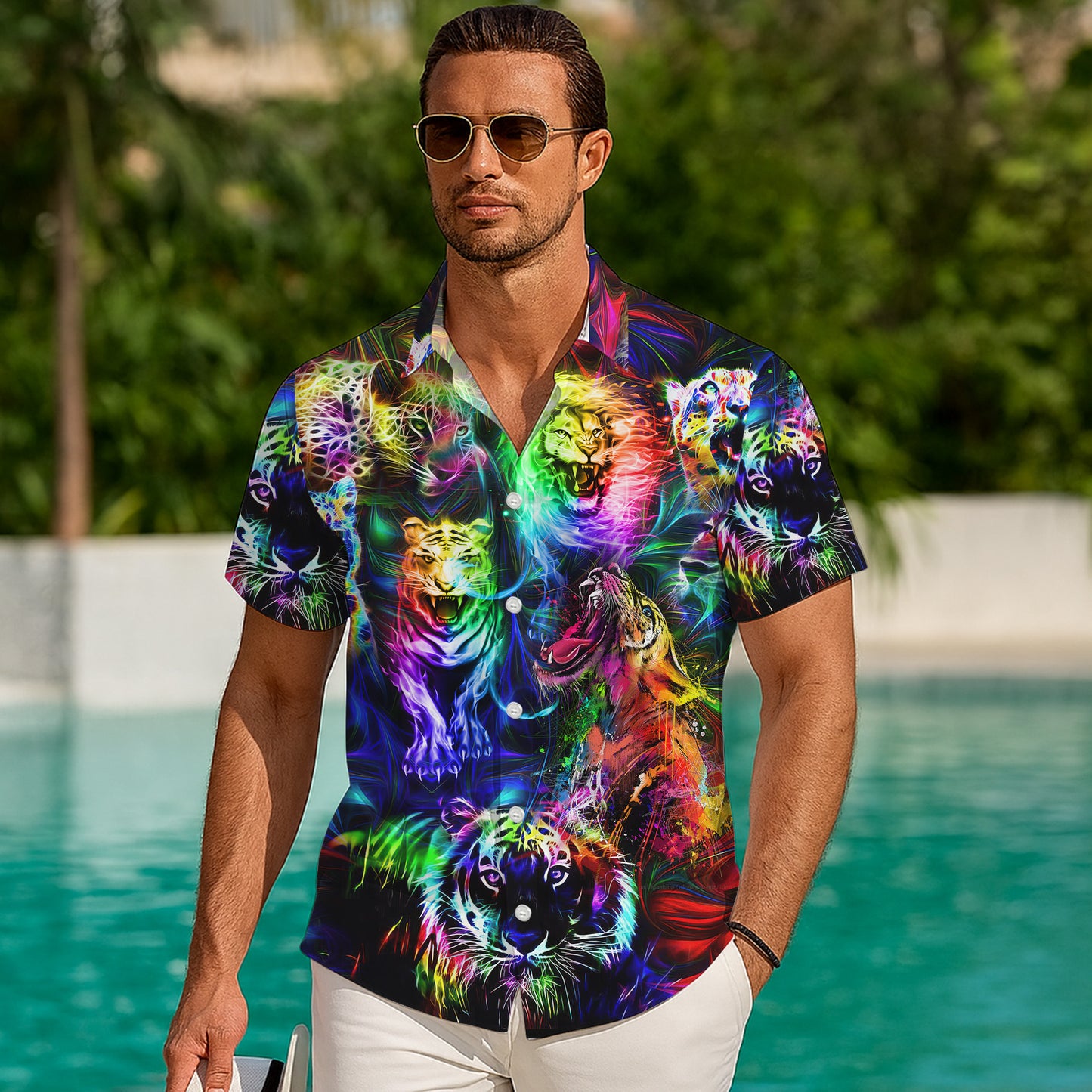Neon Tiger Psychedelic Hawaiian Shirt for Men & Women Colorful Aloha
