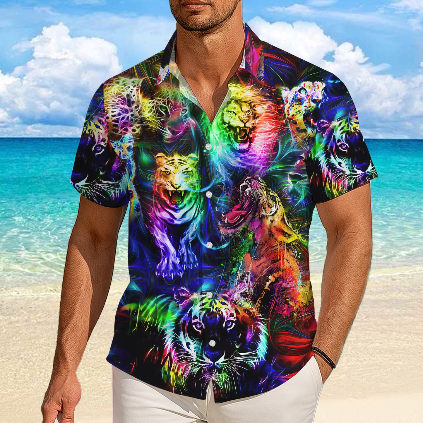 Neon Tiger Psychedelic Hawaiian Shirt for Men & Women Colorful Aloha