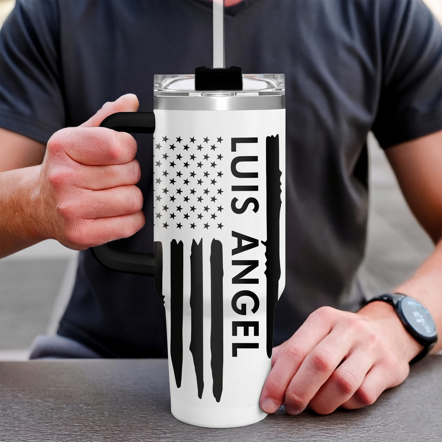 Custom Name Tumbler 40oz with Handle, American Flag Eagle Travel Mug, Personalized Double Wall Insulated Cup, Military Veteran Gifts