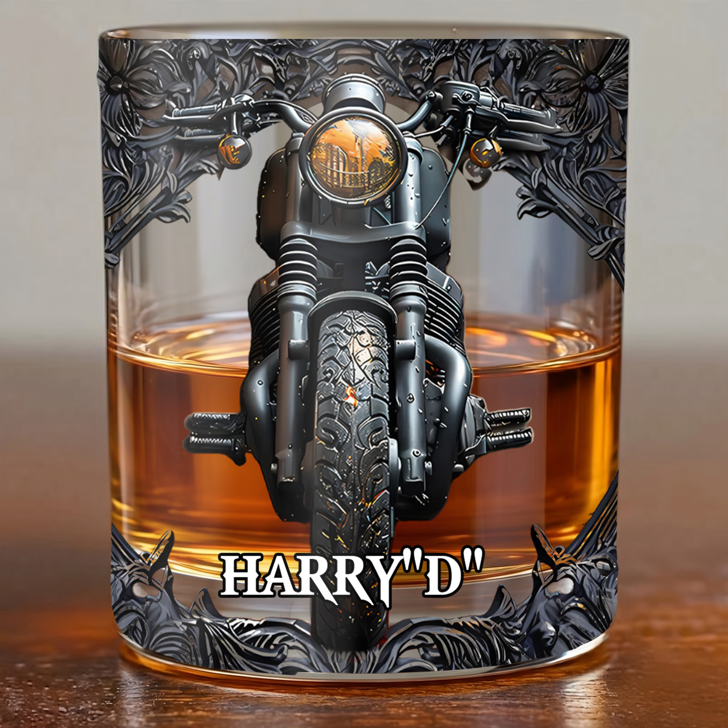 Personalized Motorcycle Biker Whiskey Glass - Custom Name Gothic Design