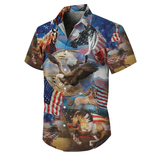 Patriotic Eagle & Horse Hawaiian Shirt for Men & Women USA Flag Aloha