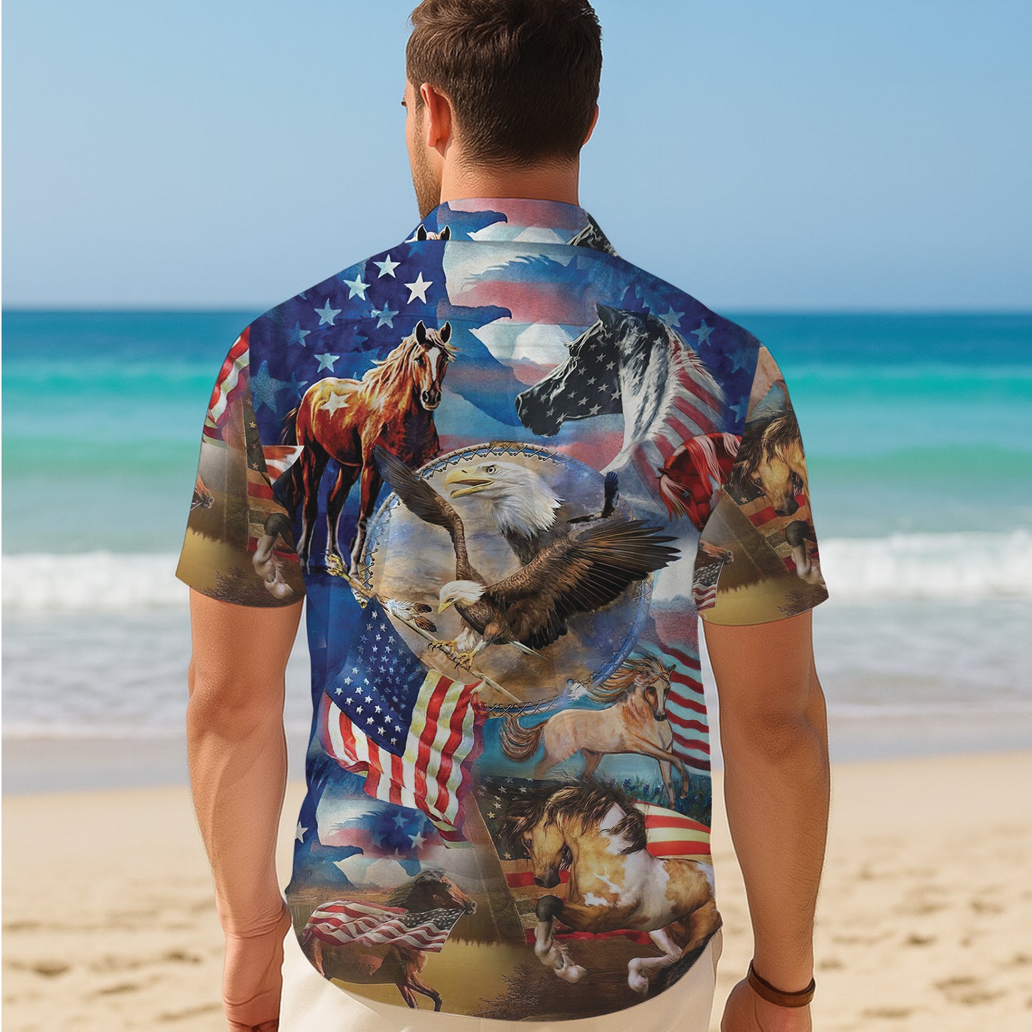 Patriotic Eagle & Horse Hawaiian Shirt for Men & Women USA Flag Aloha