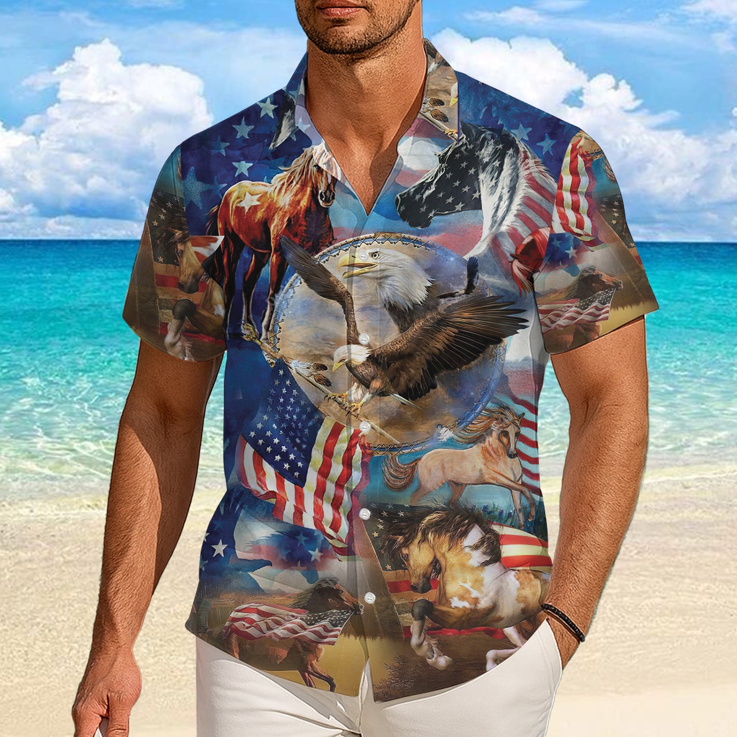 Patriotic Eagle & Horse Hawaiian Shirt for Men & Women USA Flag Aloha