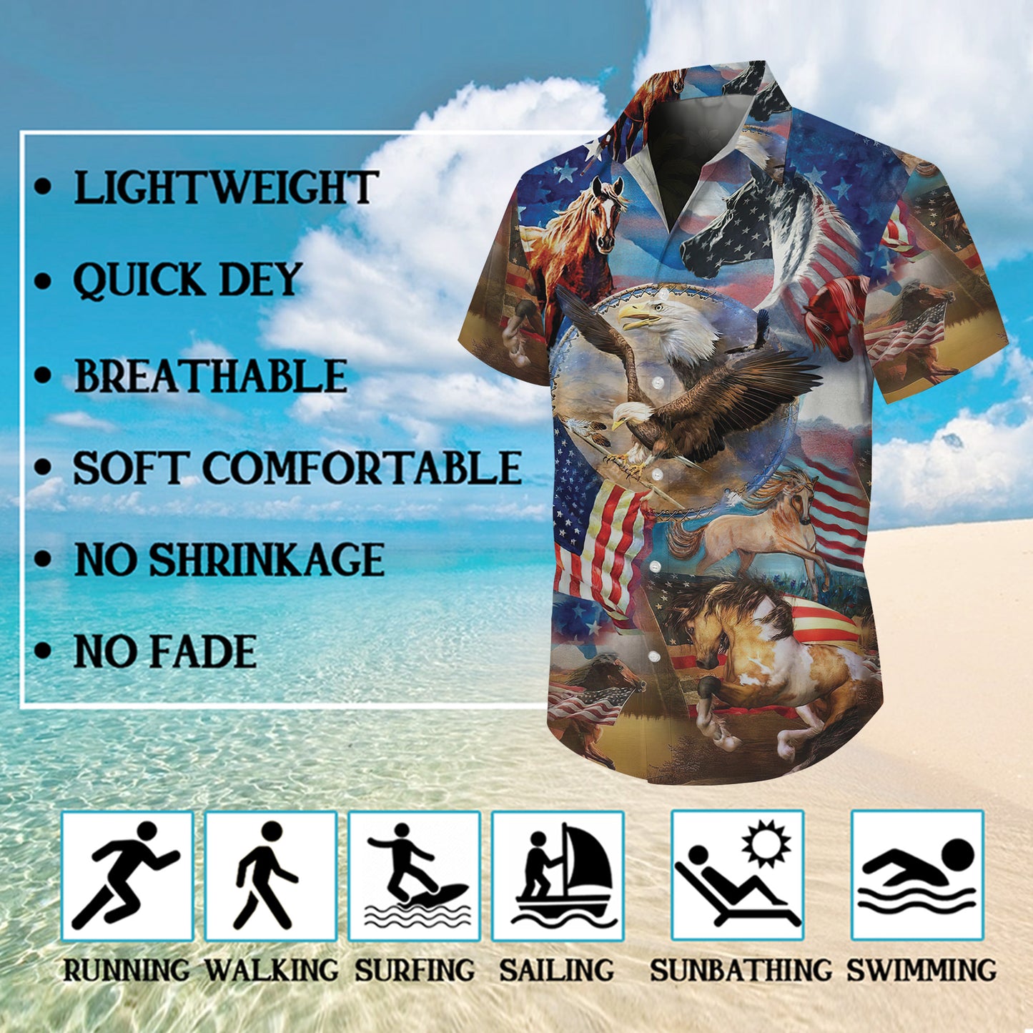 Patriotic Eagle & Horse Hawaiian Shirt for Men & Women USA Flag Aloha